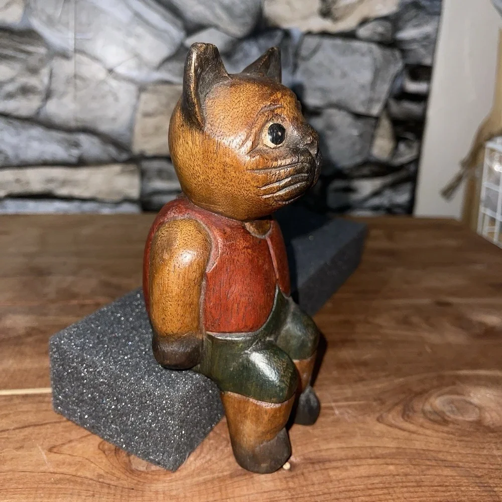 Hand Carved Wooden Cat Figurine Folk Art Vintage Shelf Sitter Hand Painted